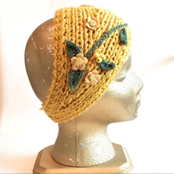 Crocheted/Knit Adjustable Yellow Headband - Picture 2 of 7